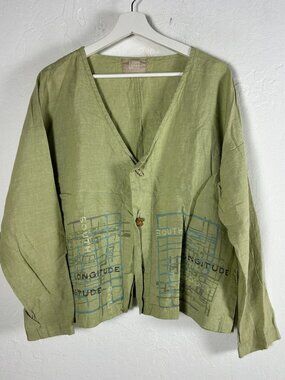 Vintage Blue Fish Womens Green Linen Cardigan Jacket Abstract Artsy Lightweight
